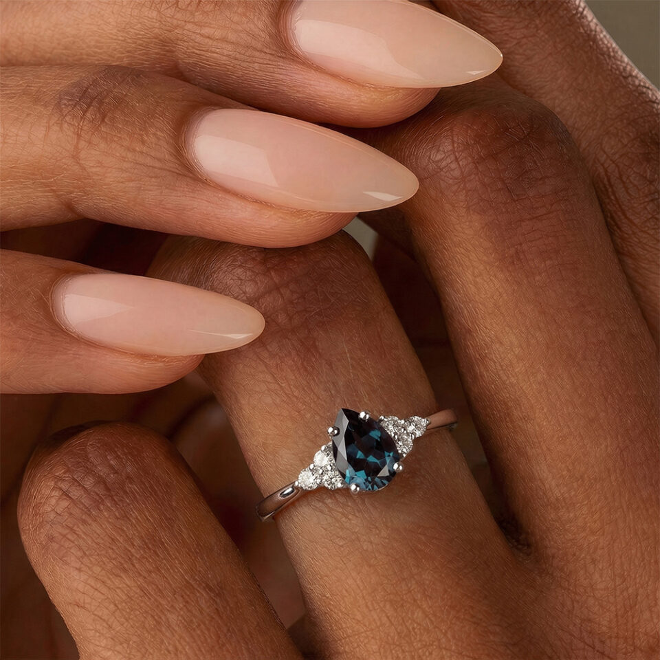 Pear Alexandrite & Moissanite Classic Side Stone Engagement Ring (2)