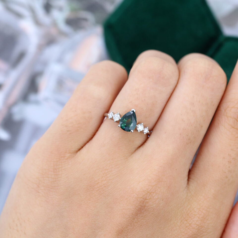 Pear Cut Green Sapphire Engagement Ring With Quartet Moissanite Accented