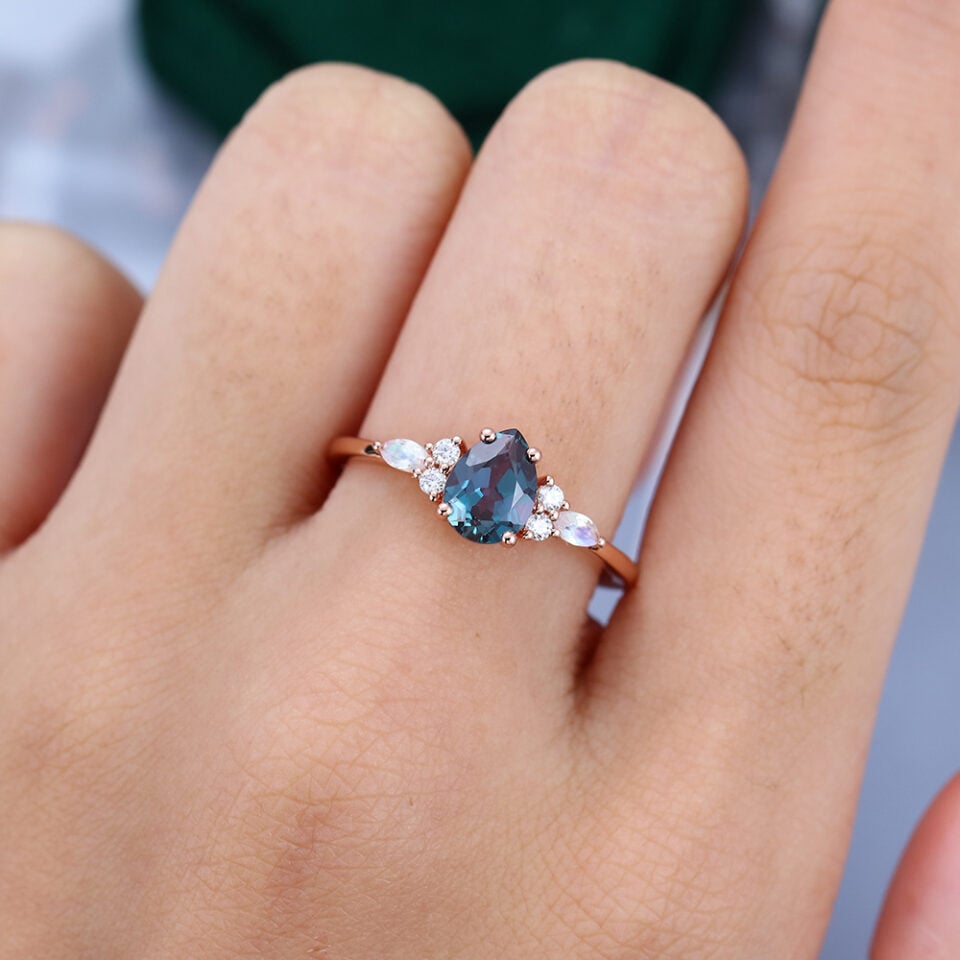 Pear Shaped Alexandrite & Moonstone Engagement Ring in Rose Gold (2)