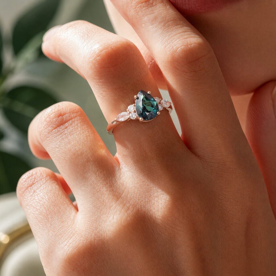 Pear Shaped Alexandrite & Moonstone Engagement Ring in Rose Gold (3)