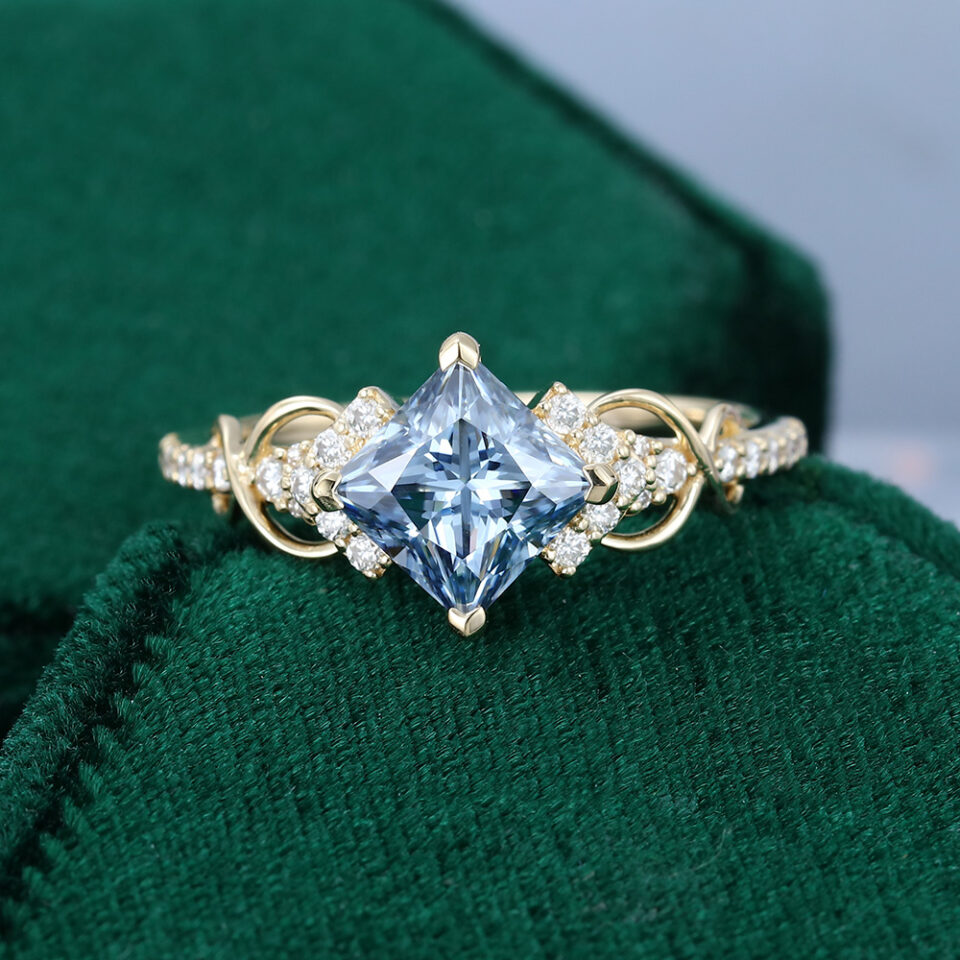Princess Cut Grey Blue Moissanite Side Stone Unique Pavé Engagement Ring Set 14K Yellow Gold (3)