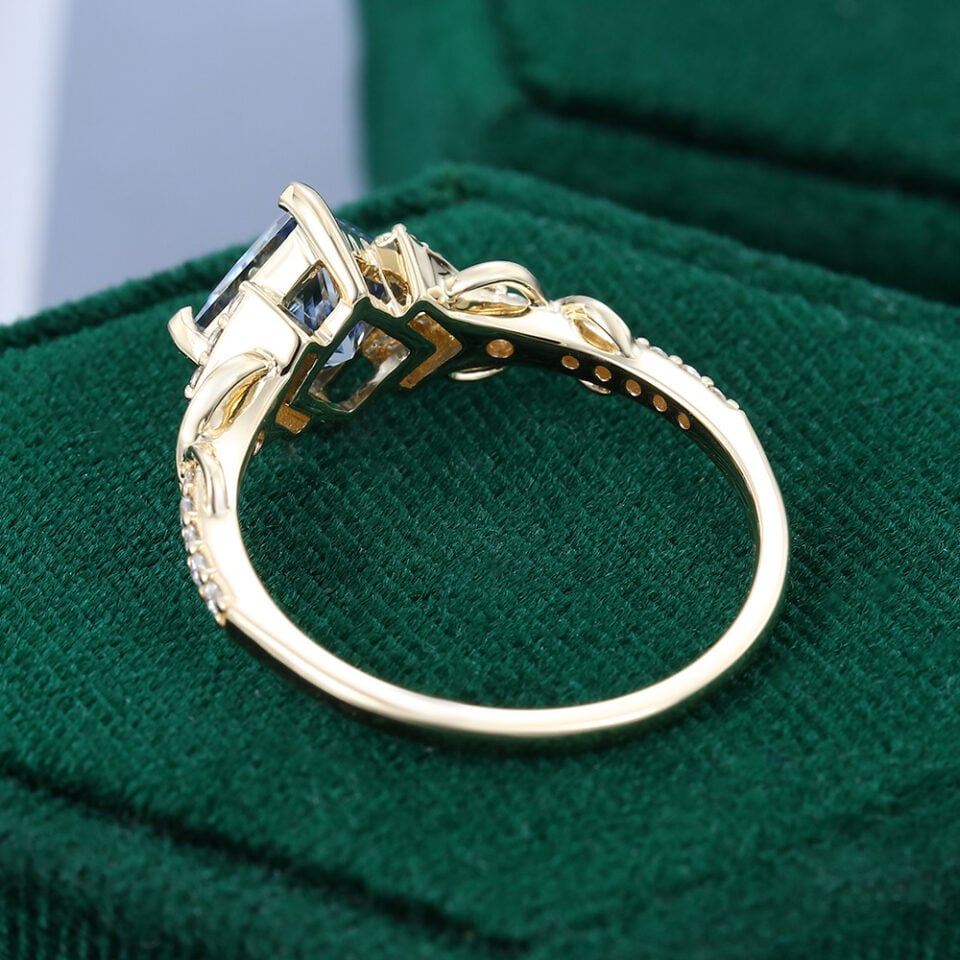 Princess Cut Grey Blue Moissanite Side Stone Unique Pavé Engagement Ring Set 14K Yellow Gold (4)