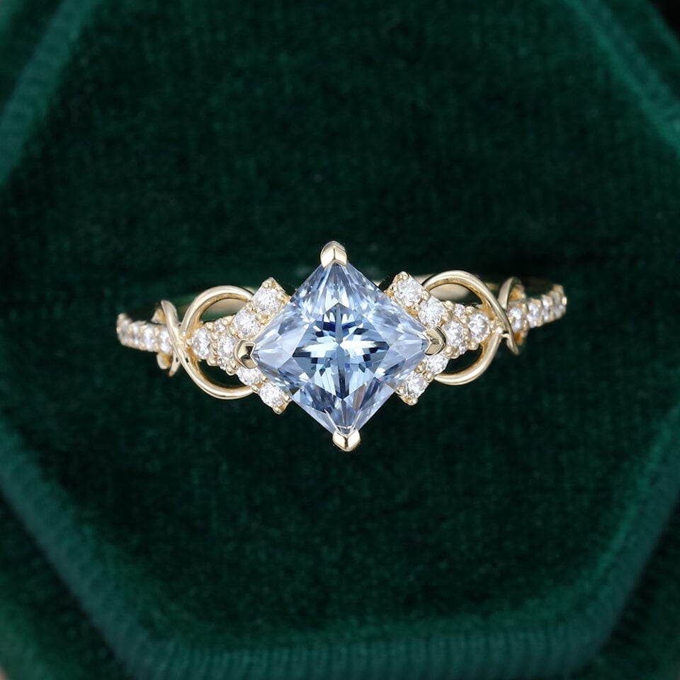 Princess Cut Grey Blue Moissanite Side Stone Unique Pavé Engagement Ring Set 14K Yellow Gold (5)