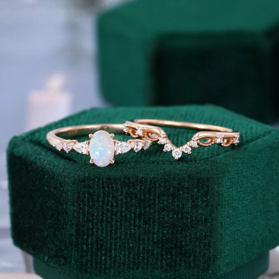 Asteria | Oval Cut Natural Opal Dainty Bridal Ring Set 2PCS Wedding Ring Set 2