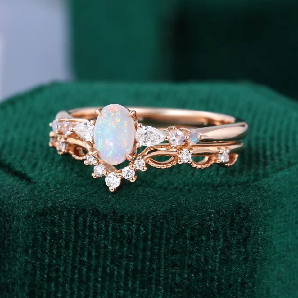 Asteria | Oval Cut Natural Opal Dainty Bridal Ring Set 2PCS Wedding Ring Set 3