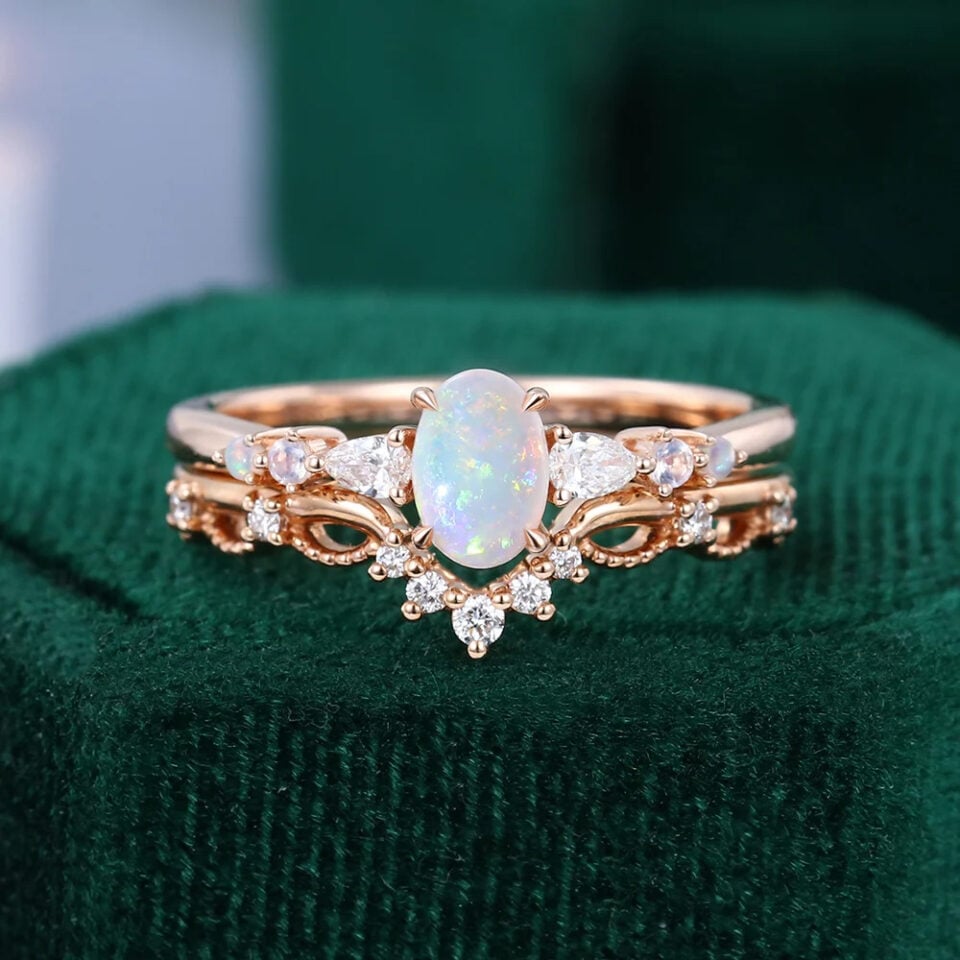 Asteria | Oval Cut Natural Opal Dainty Bridal Ring Set 2PCS Wedding Ring Set