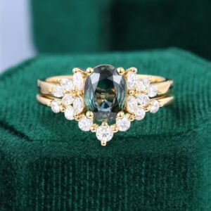 Oval Cut Green Blue Sapphire Bridal Ring Set Cluster Bridal Ring