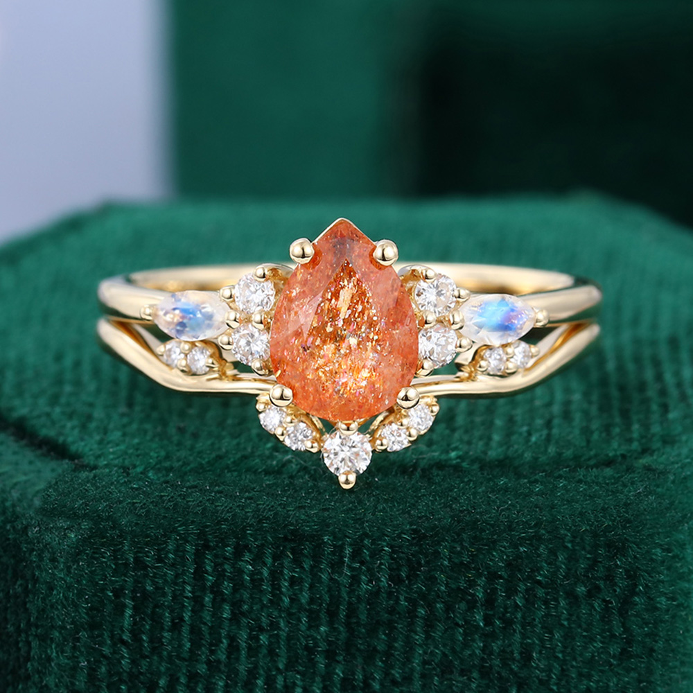 Pear Cut Orange Champagne CZ Stainless Steel Wedding Engagement Ring Set – Sizes 5-10