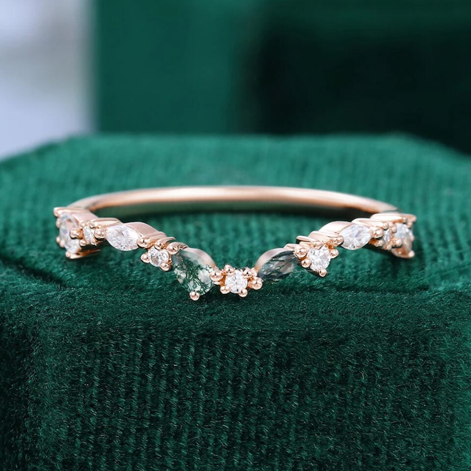 Patchwork Moss Agate & Moissanite Curved Wedding Band Stacking Ring