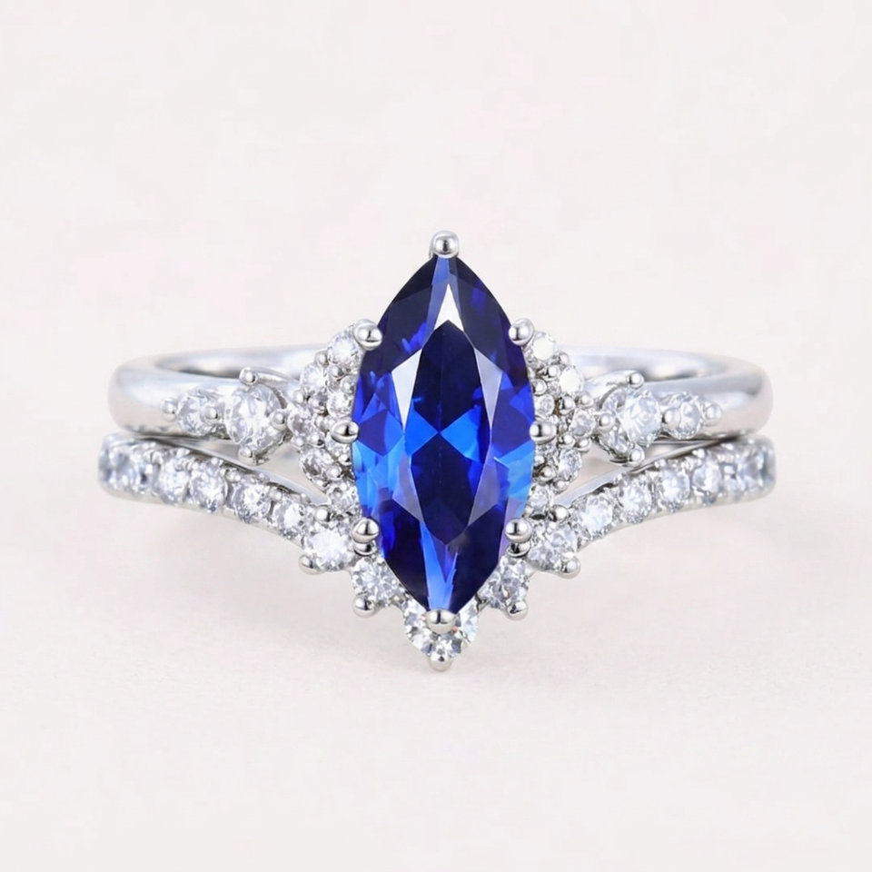 marquise cut sapphire bridal ring set