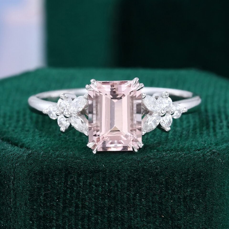 Emerald Cut Pink Morganite Engagement Ring Floral Design