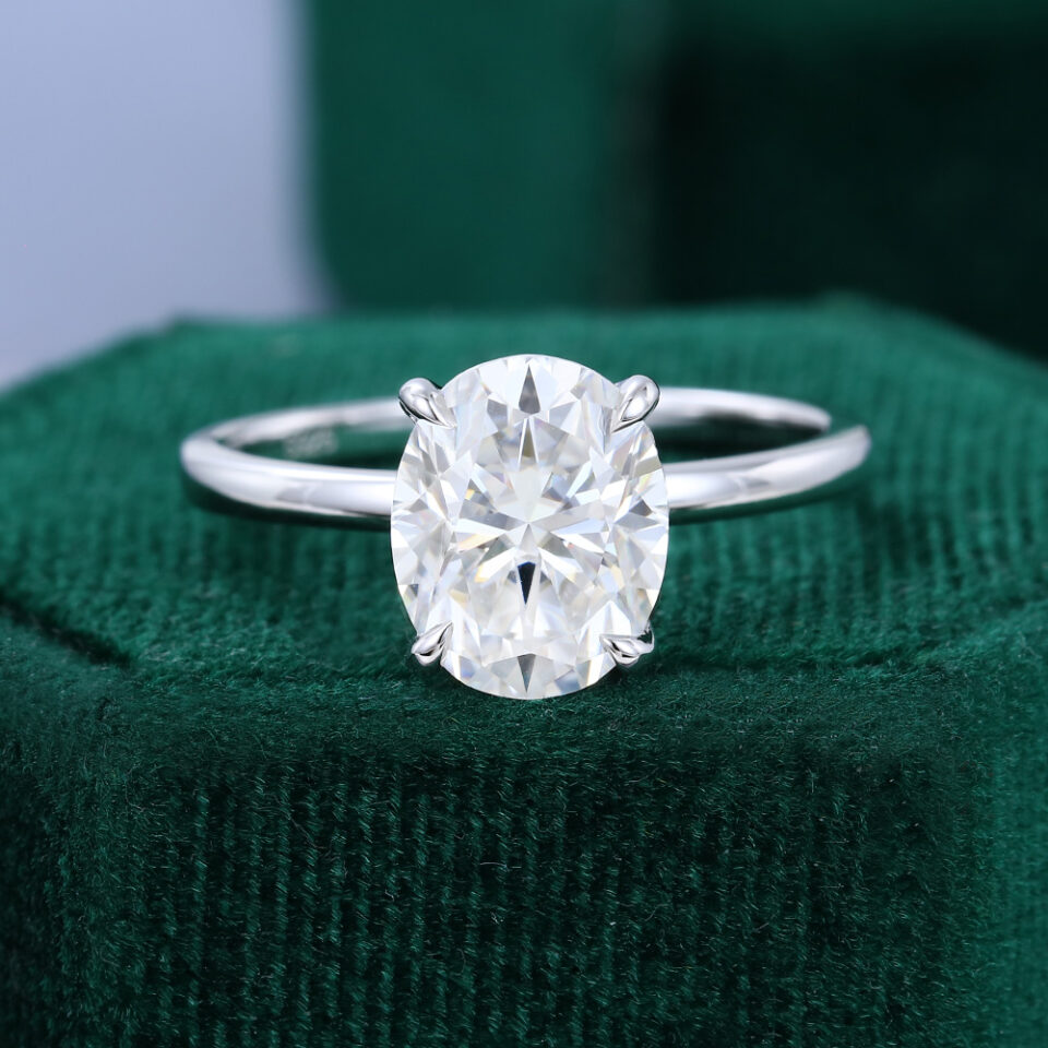 Oval Cut Moissanite Hidden Halo Solitaire Engagement Ring