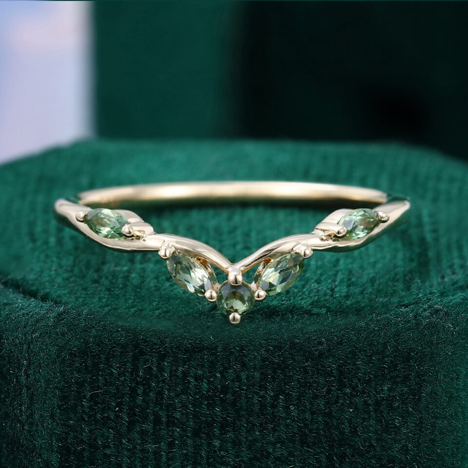 Marquise & Round Green Sapphire Seagull Arc Curved Wedding Ring