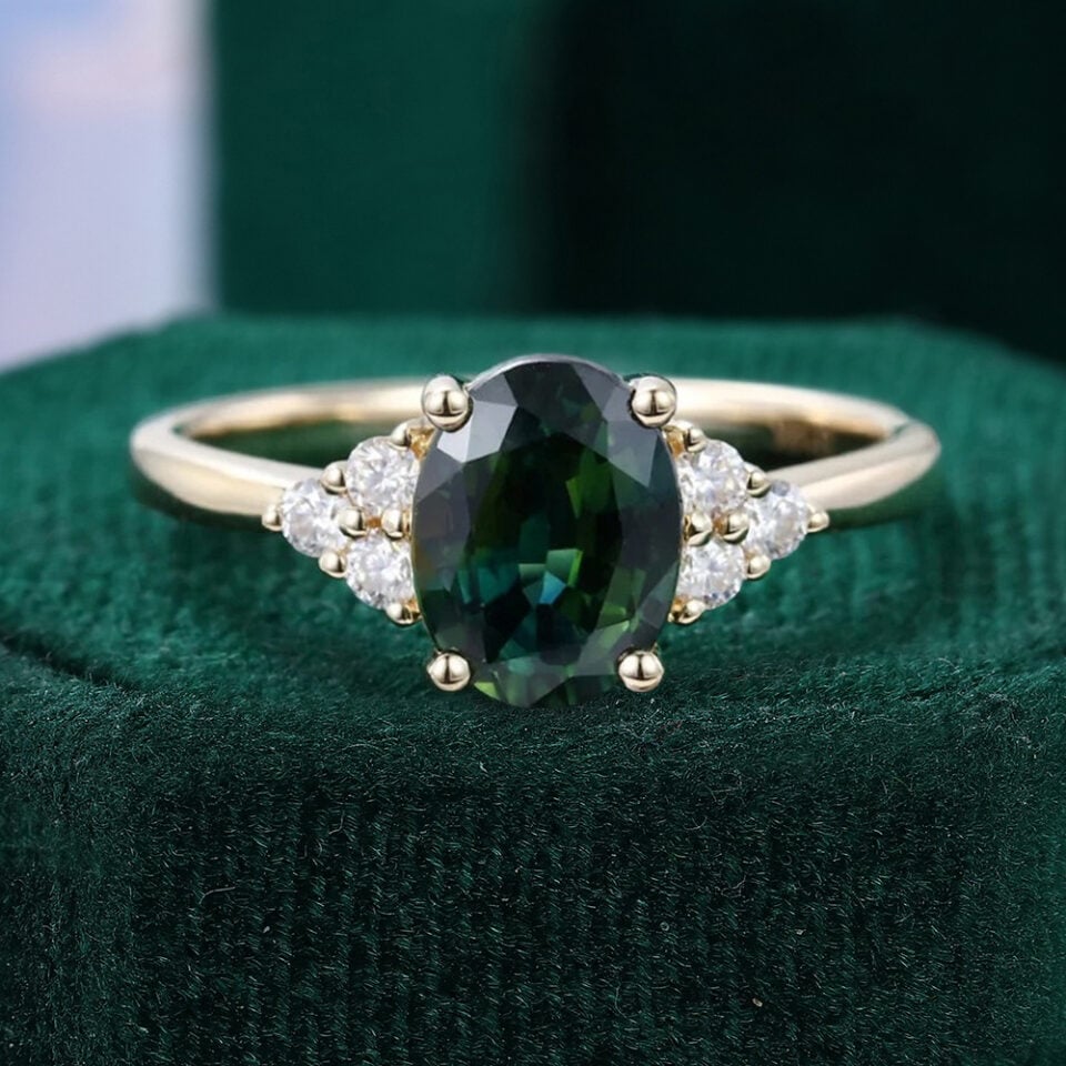 Oval Cut Green Blue Sapphire Cluster Engagement Ring