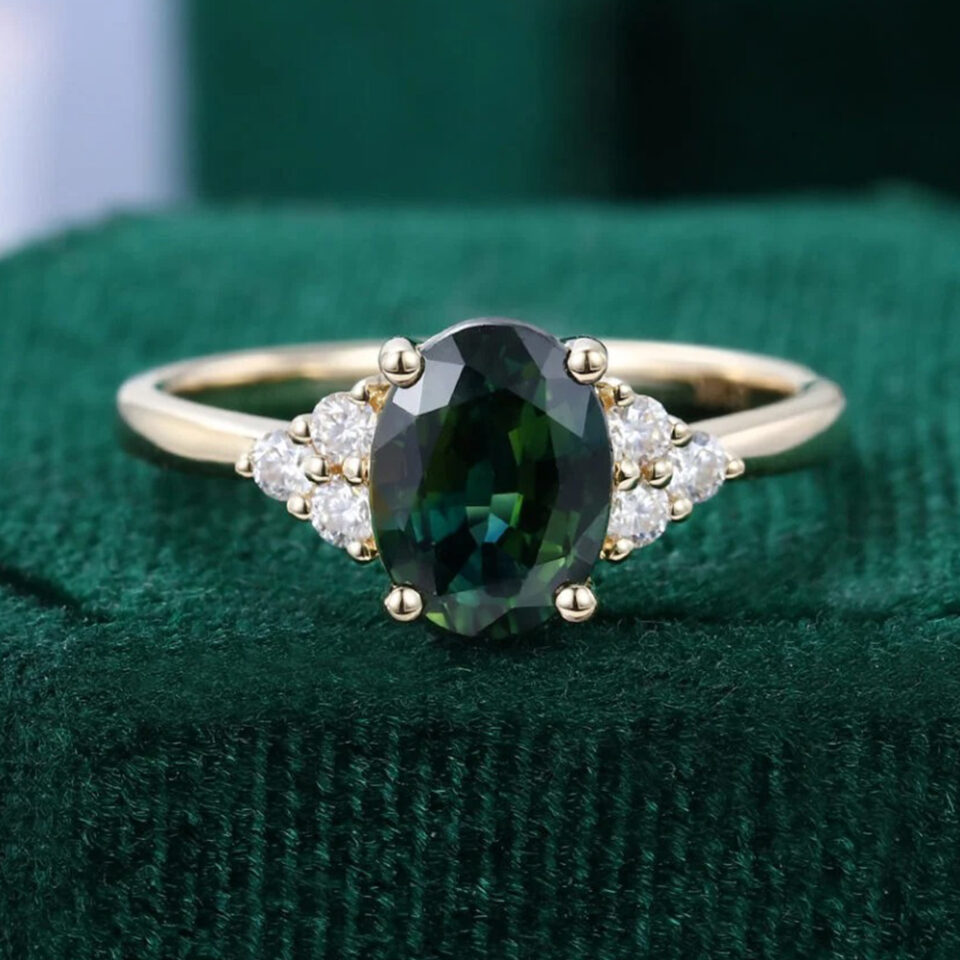 Oval Cut Green Blue Sapphire Cluster Engagement Ring