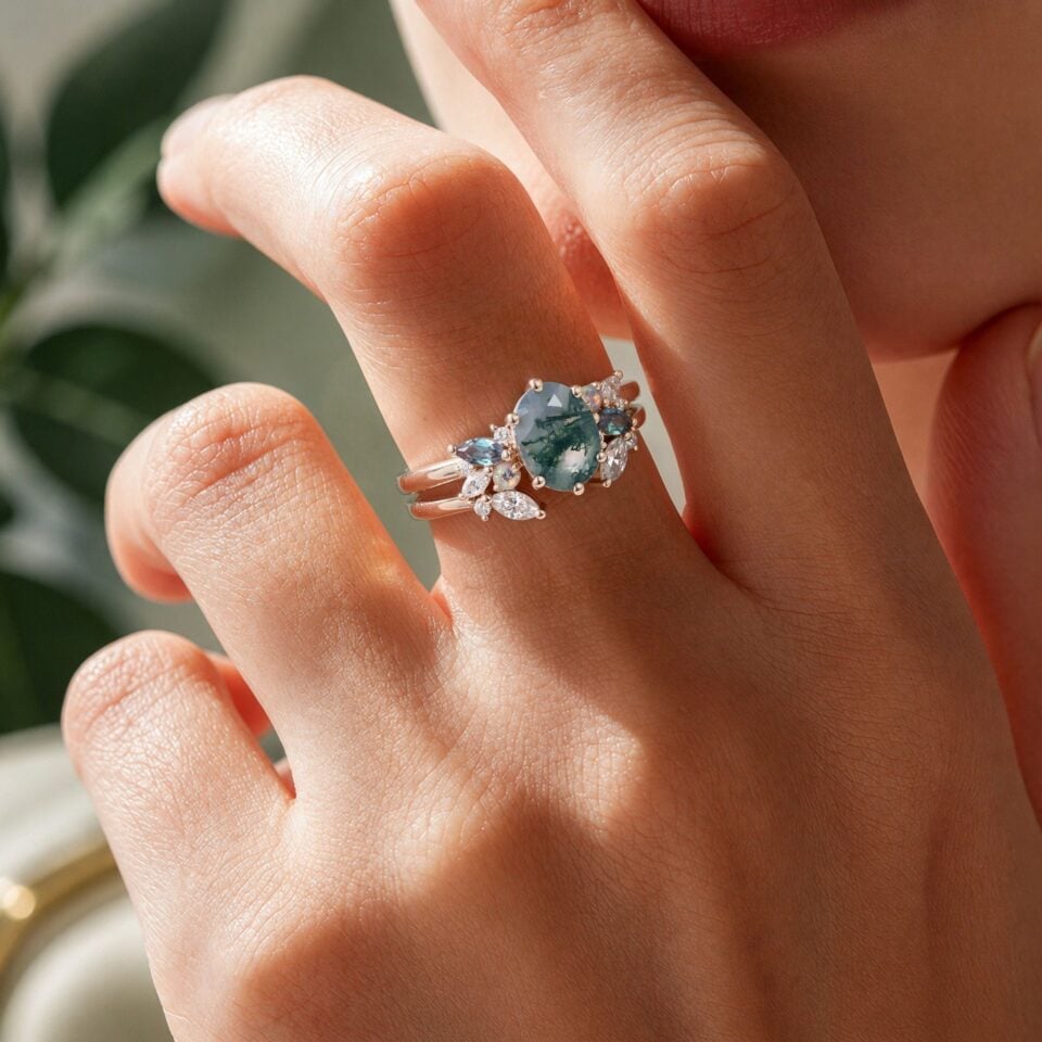 Oval Cut Moss Agate Engagement Ring Set Mixed Gemstones Cluster Bridal Ring Set (1)
