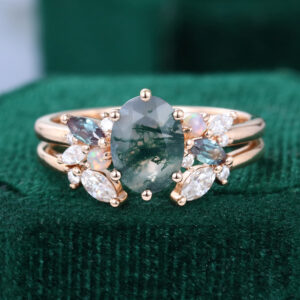 Oval Cut Moss Agate Engagement Ring Set Mixed Gemstones Cluster Bridal Ring Set