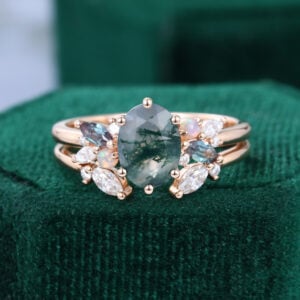 Oval Cut Moss Agate Engagement Ring Set Mixed Gemstones Cluster Bridal Ring Set