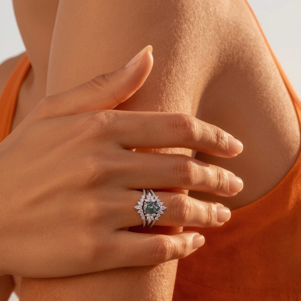 Pear Shape Moss Agate Bridal Ring Set Unique Engagement Ring Set (1)