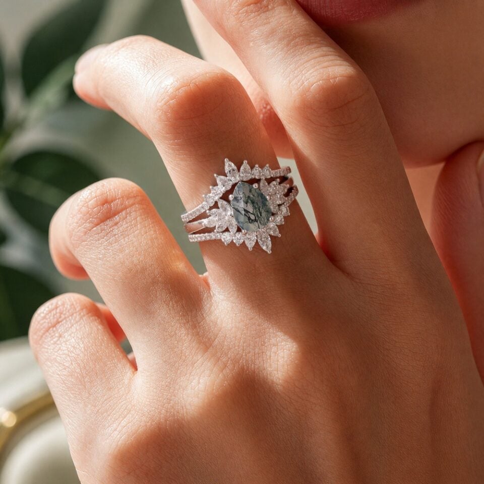 Pear Shape Moss Agate Bridal Ring Set Unique Engagement Ring Set