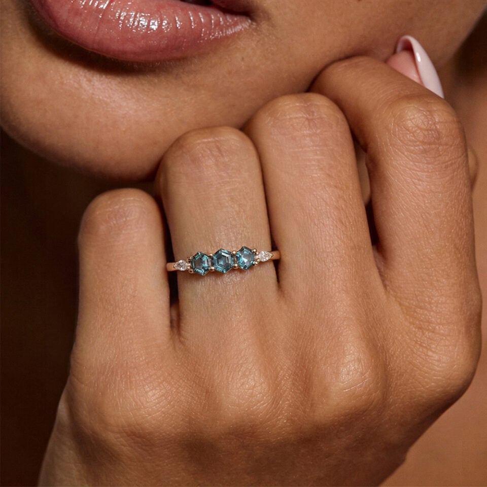 Triple Hexagon Alexandrite Stackable Ring Diamond Accented Ring Promise Ring Gift For Her (1)