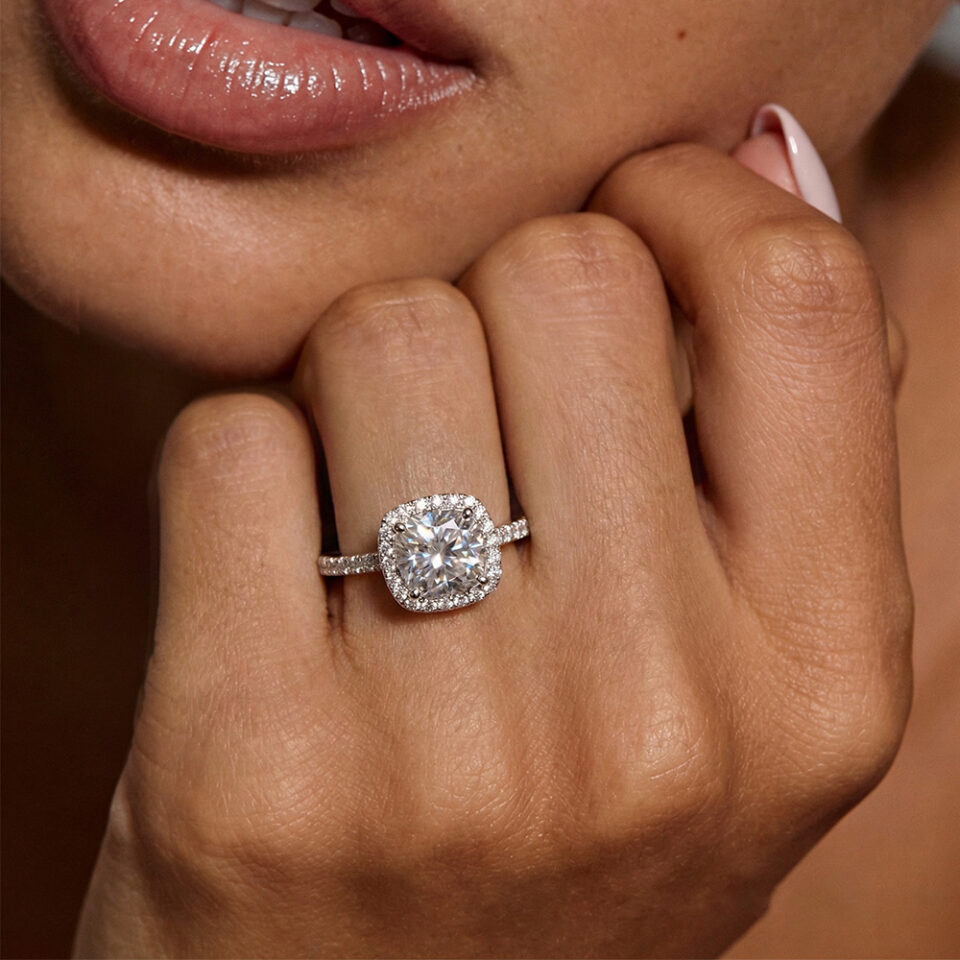 Cushion cut moissanite engagement ring in white gold