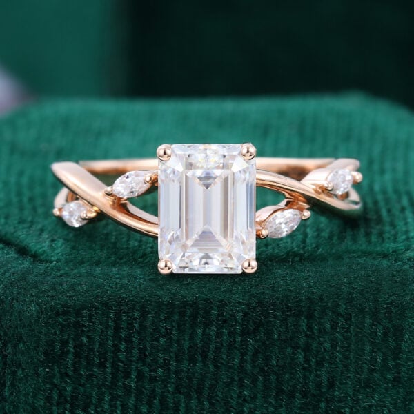 Emerald Cut Moissanite Engagement Ring with Marquise Accented Split Shank