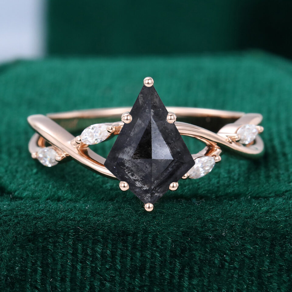 Kite cut salt and pepper diamond engagement ring crossover shank s&p diamond wedding ring