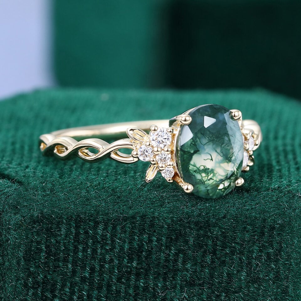 Oval Cut Moss Agate Cluster Engagement Ring with Braid Band (2)