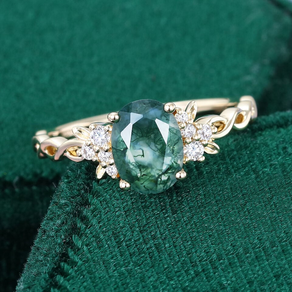 Oval Cut Moss Agate Cluster Engagement Ring with Braid Band (3)