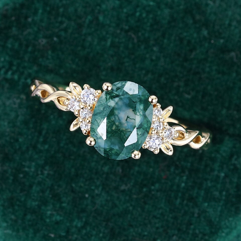 Oval Cut Moss Agate Cluster Engagement Ring with Braid Band (5)