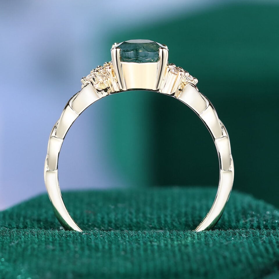 Oval Cut Moss Agate Cluster Engagement Ring with Braid Band (6)