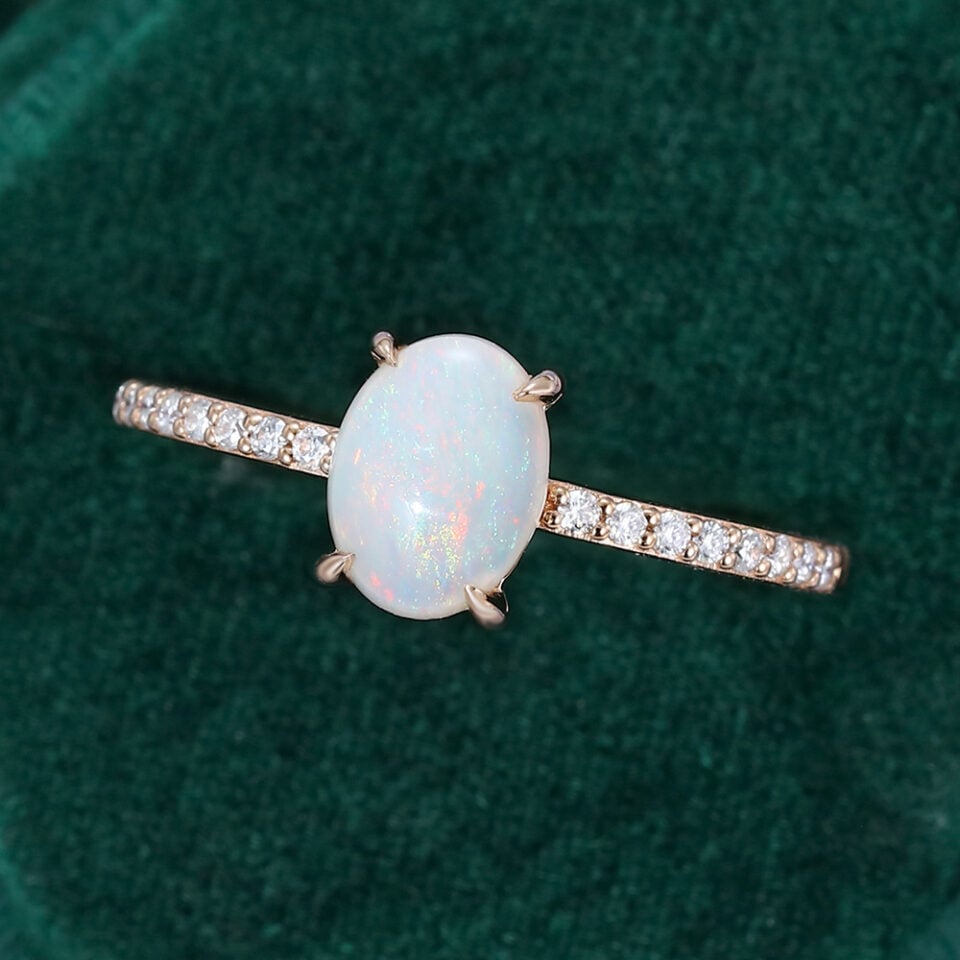 Oval Opal Engagement Ring Half Eternity Pave Band (4)