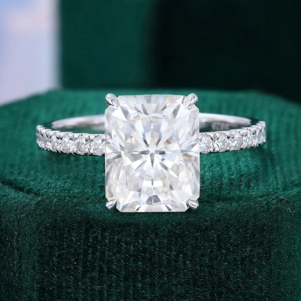 3.5 Carat Radiant Cut Moissanite Engagement Ring Hidden Halo Pave Bridal Ring
