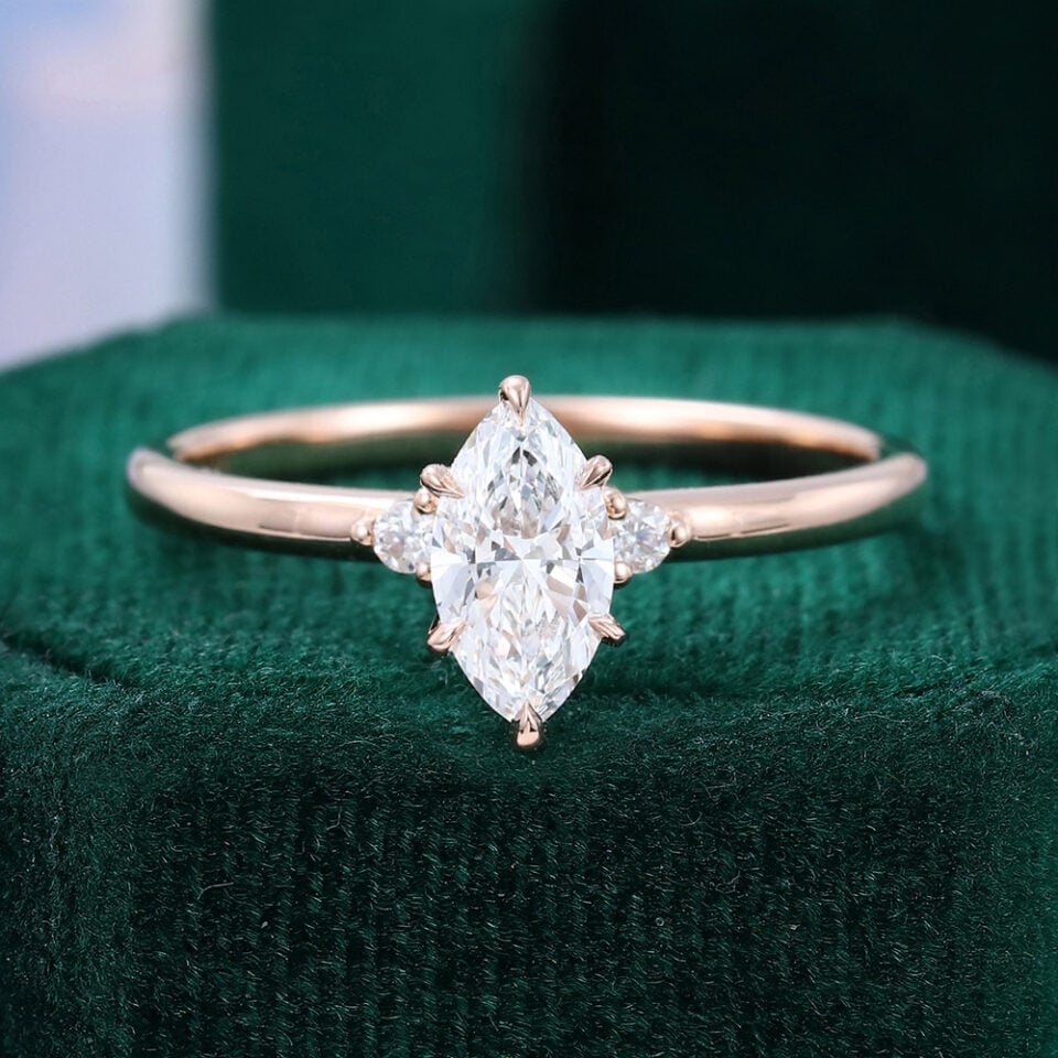 Marquise Cut Lab Diamond Engagement Ring Dainty Three Stone Bridal Ring