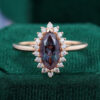 Marquise Cut Lab Alexandrite Engagement Ring Moissanite Halo Bridal Ring