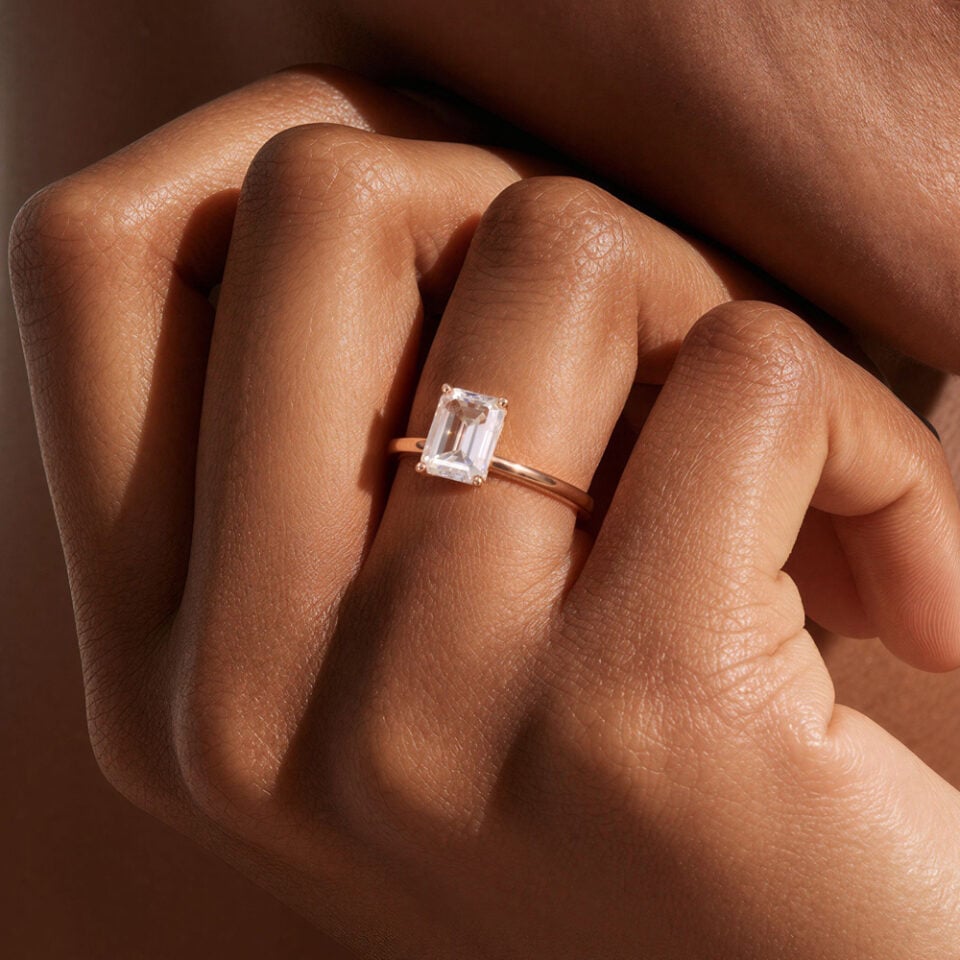 Minimalist Emerald Cut Moissanite Solitaire Engagement Ring