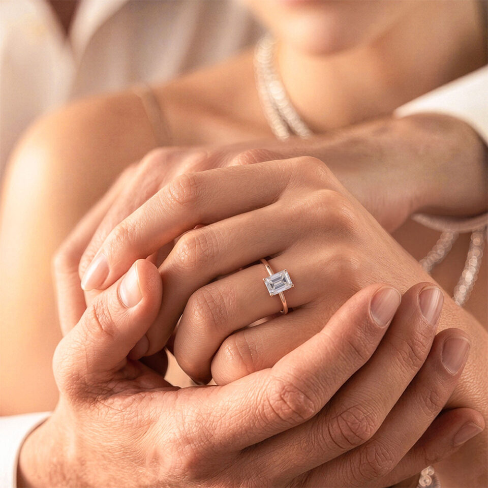 Minimalist Emerald Cut Moissanite Solitaire Engagement Ring