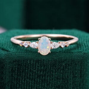 Oval Opal Trio Side Stones Engagement Ring Dainty Promise Ring