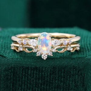 Asteria | Oval Cut Facet Opal Dainty Bridal Ring Set 2PCS Wedding Ring Set