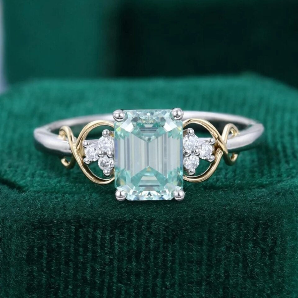 Emerald Cut Green Moissanite Two Tone Infinity Engagement Ring