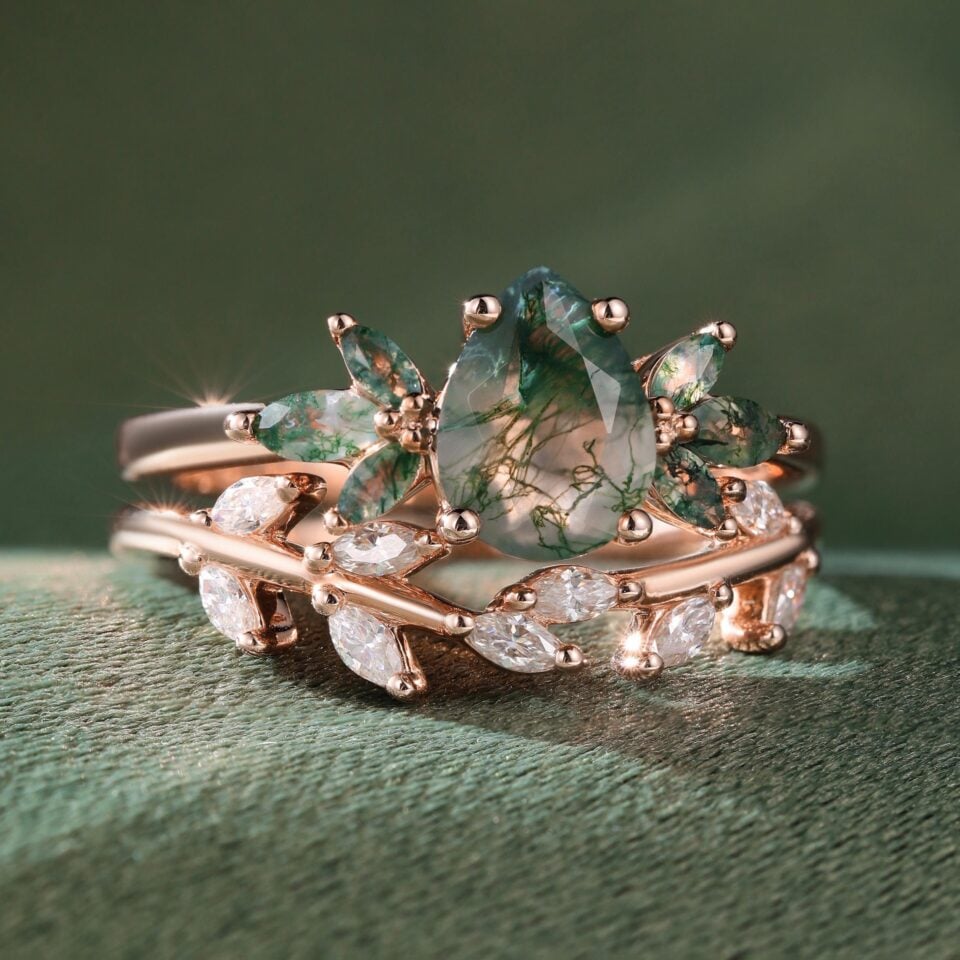 Pear Cut Moss Agate and Moissanite Wedding Ring Set Nature Inspired Bridal Ring Set (1)