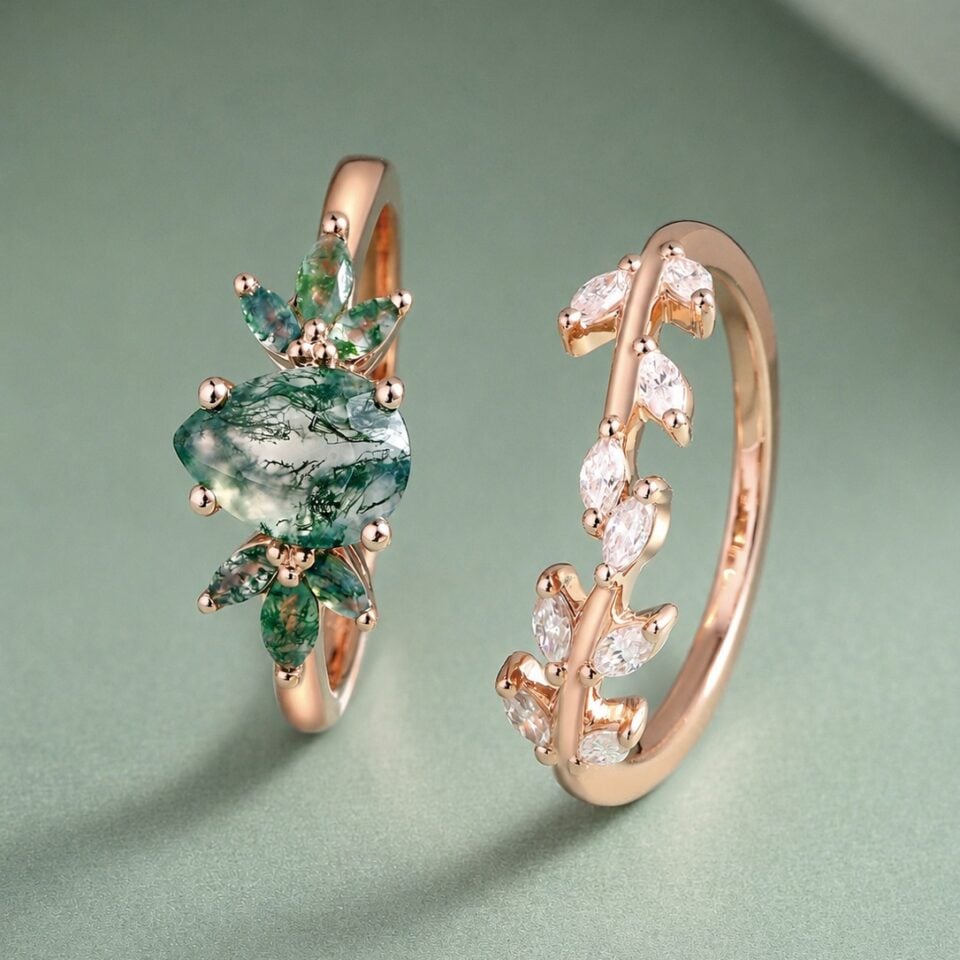 Pear Cut Moss Agate and Moissanite Wedding Ring Set Nature Inspired Bridal Ring Set (2)