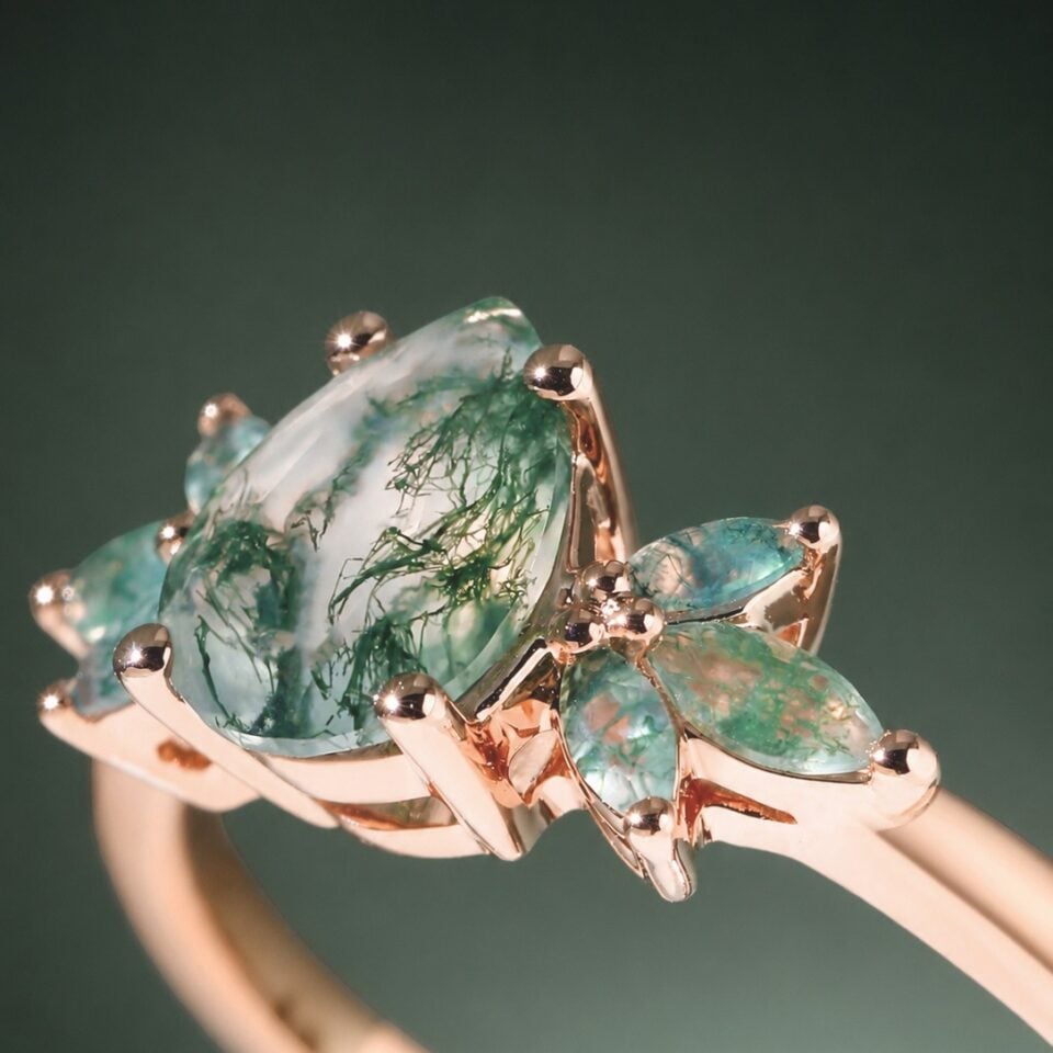 Pear Cut Moss Agate and Moissanite Wedding Ring Set Nature Inspired Bridal Ring Set (3)