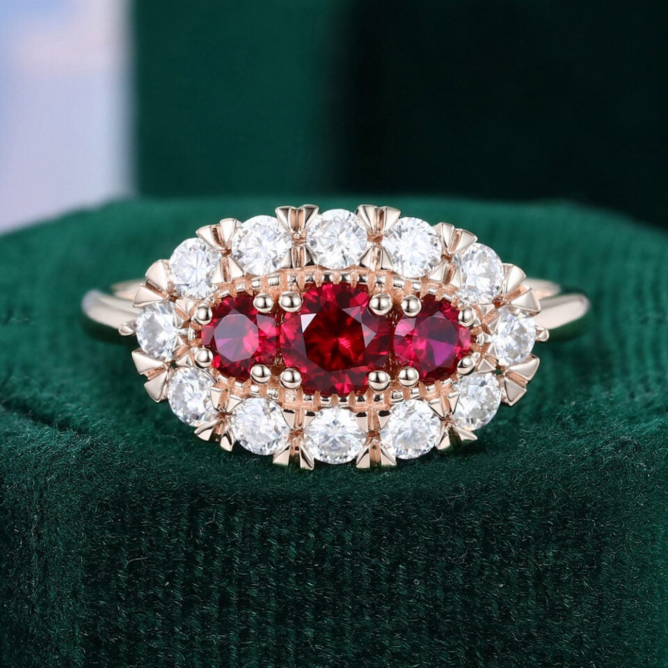 Ruby & Diamond Vintage Cluster Engagememt Ring Victorian Style Evil Eye Ring