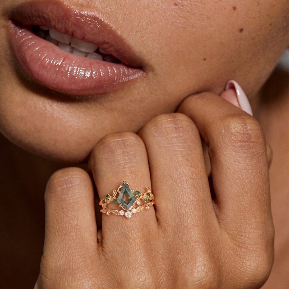 Kite Cut Moss Agate Bridal Ring Set Nature Inspired Leaf Ring Set (1)