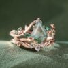 Kite Cut Moss Agate Bridal Ring Set Nature Inspired Leaf Ring Set (1)