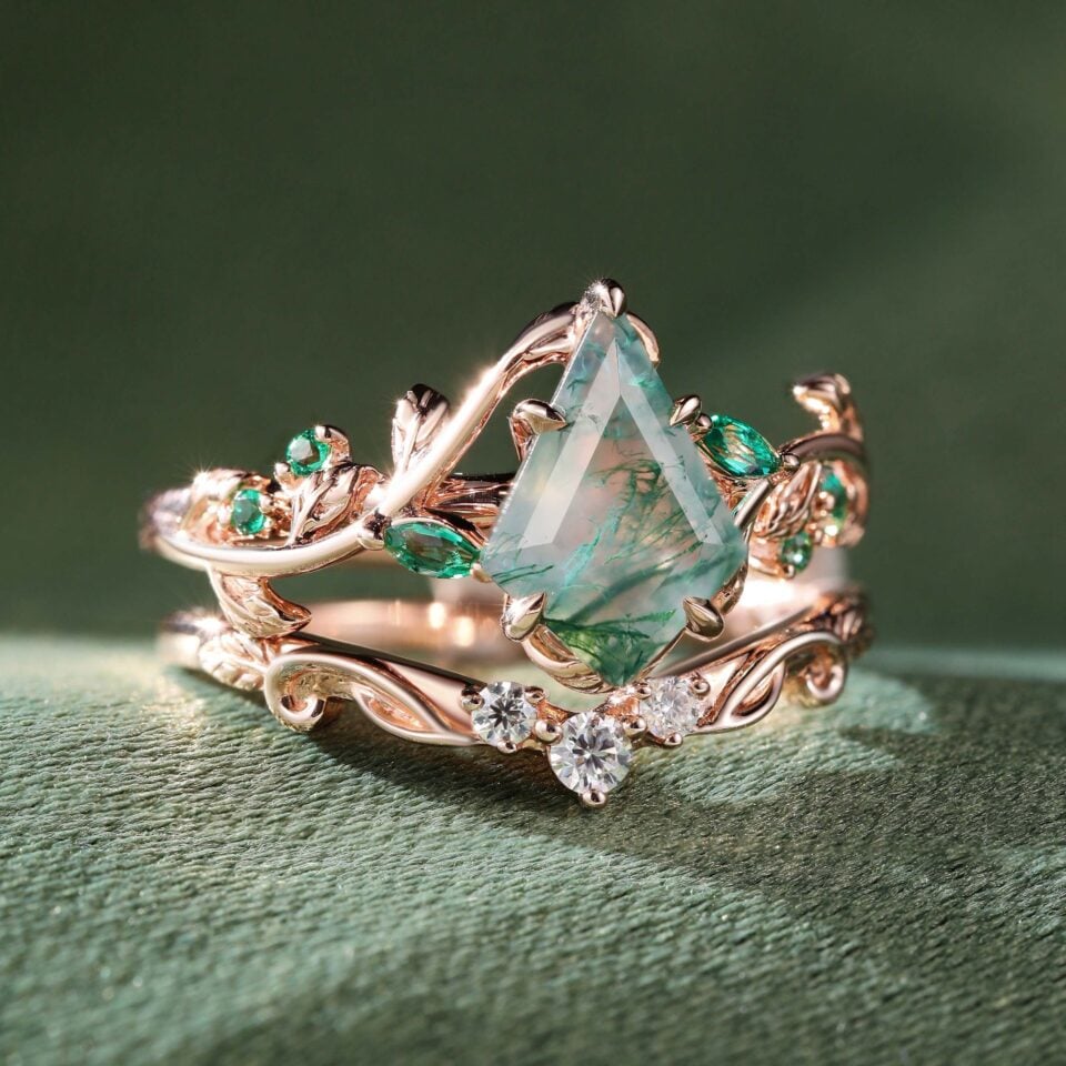Kite Cut Moss Agate Bridal Ring Set Nature Inspired Leaf Ring Set (1)