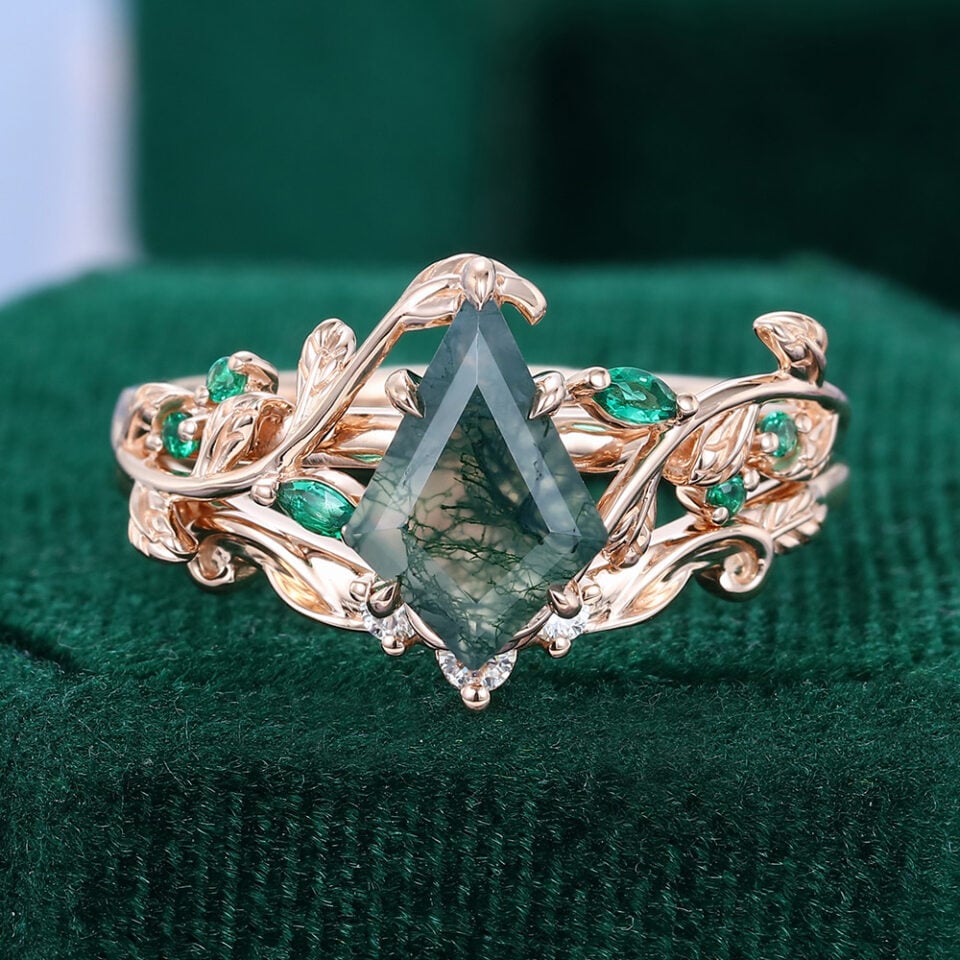Kite Cut Moss Agate Bridal Ring Set Nature Inspired Leaf Ring Set