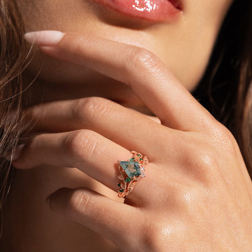 Kite Cut Moss Agate Bridal Ring Set Nature Inspired Leaf Ring Set (1)